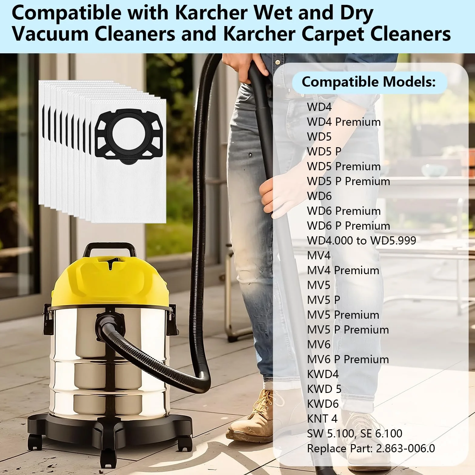 10 Pezzi KFI 487 Sacchetti per Aspirapolvere Compatibile con Kärcher WD4 WD5 WD6 WD5P WD6P MV4 MV5 MV6 SW 5.100 SE 6.100 Sacchetti Filtro di Ricambio Compatibile con Kärcher 2.863-006.0