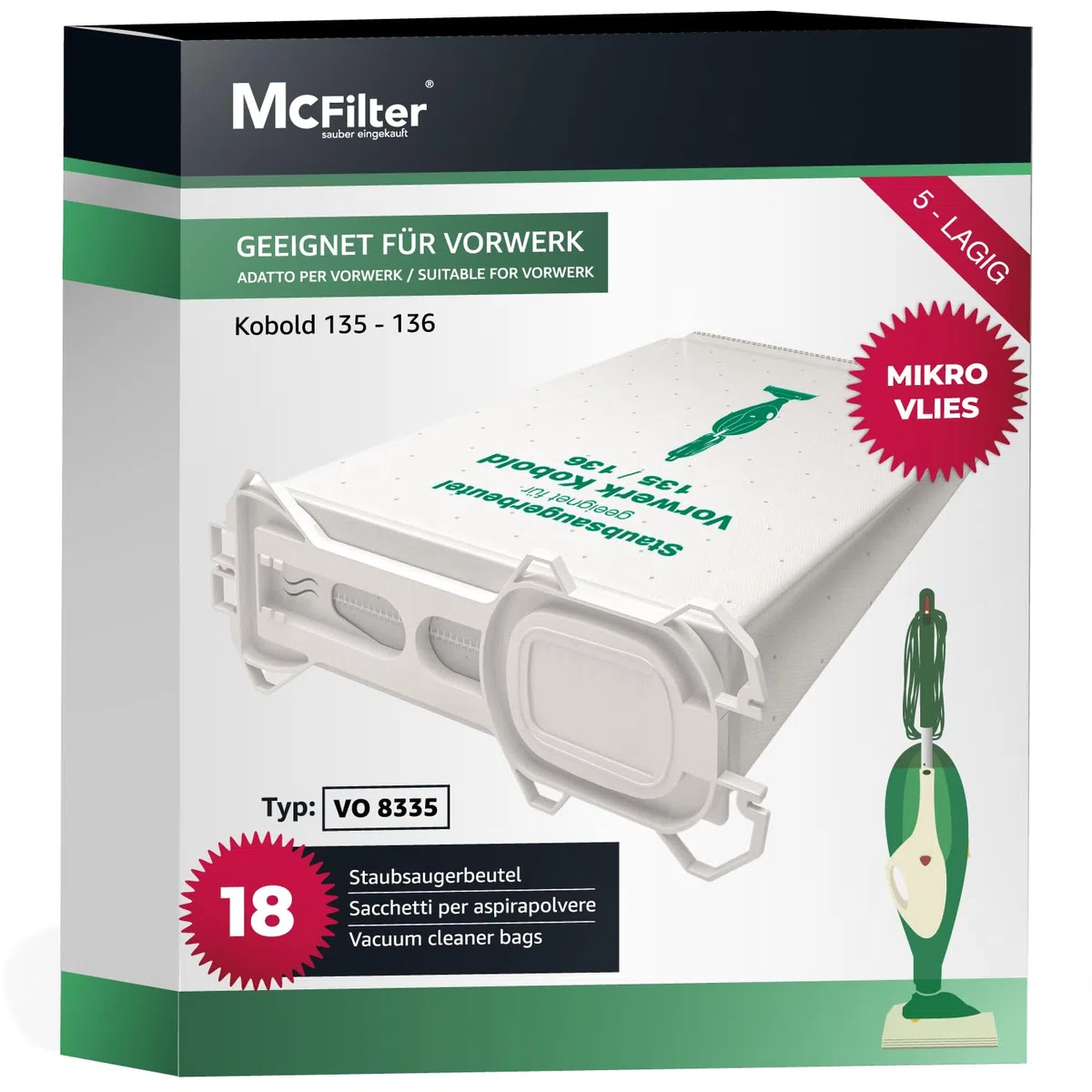 McFilter I 18 sacchetti per aspirapolvere adatti agli aspirapolvere Vorwerk Folletto VK 135 136 135SC VK135 VK136 con chiusura igienica I alternativa per FP135/136 I tipo di sacchetto VO 8335