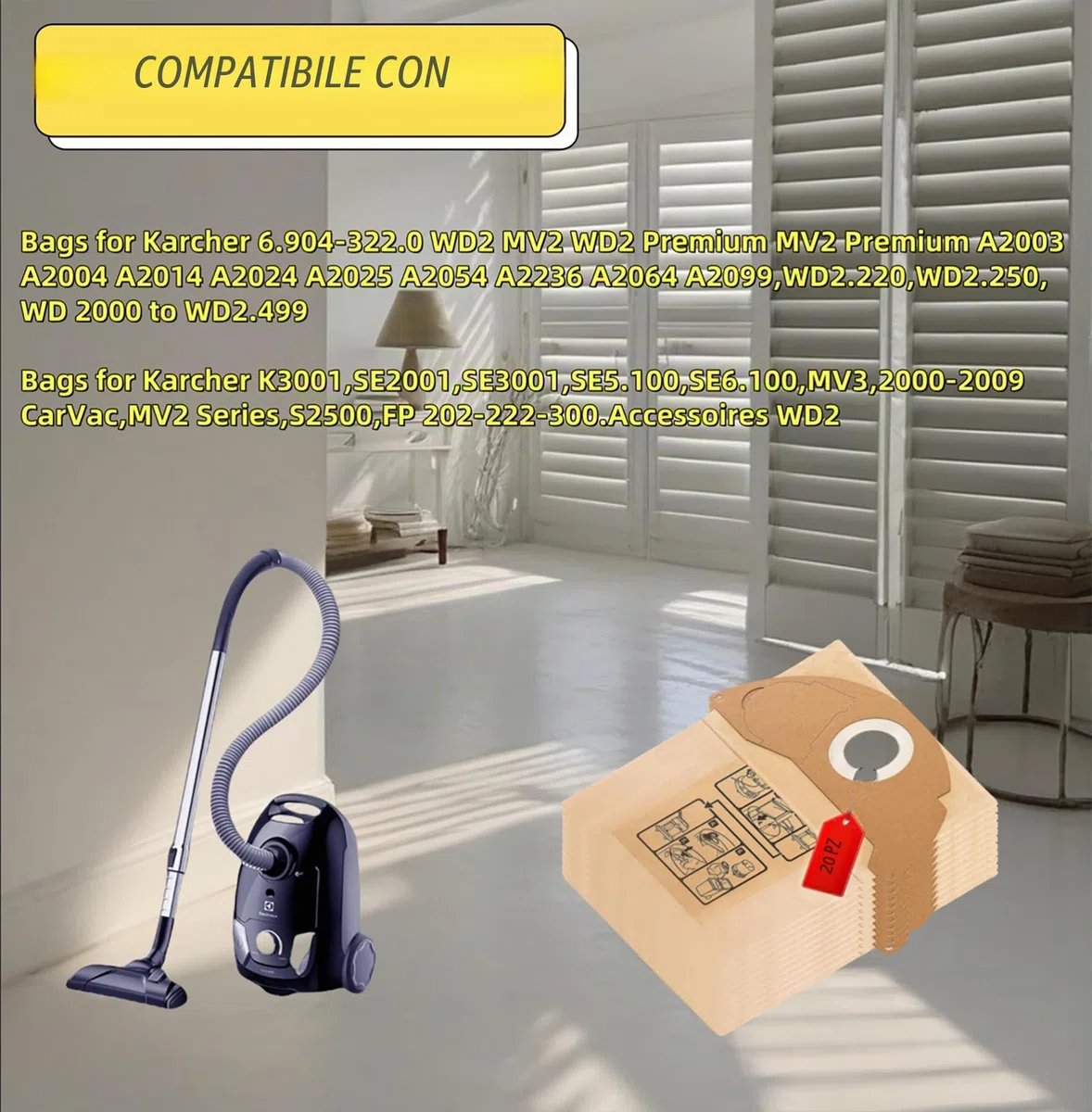 HIYOUNG 20 sacchetti per aspirapolvere Kärcher WD2, sacchetti 6.904-322.0, sacchetti WD2 Premium MV2 WD 2.200-WD 2.550 sacchetti filtro carta A2004 A2054 A2099