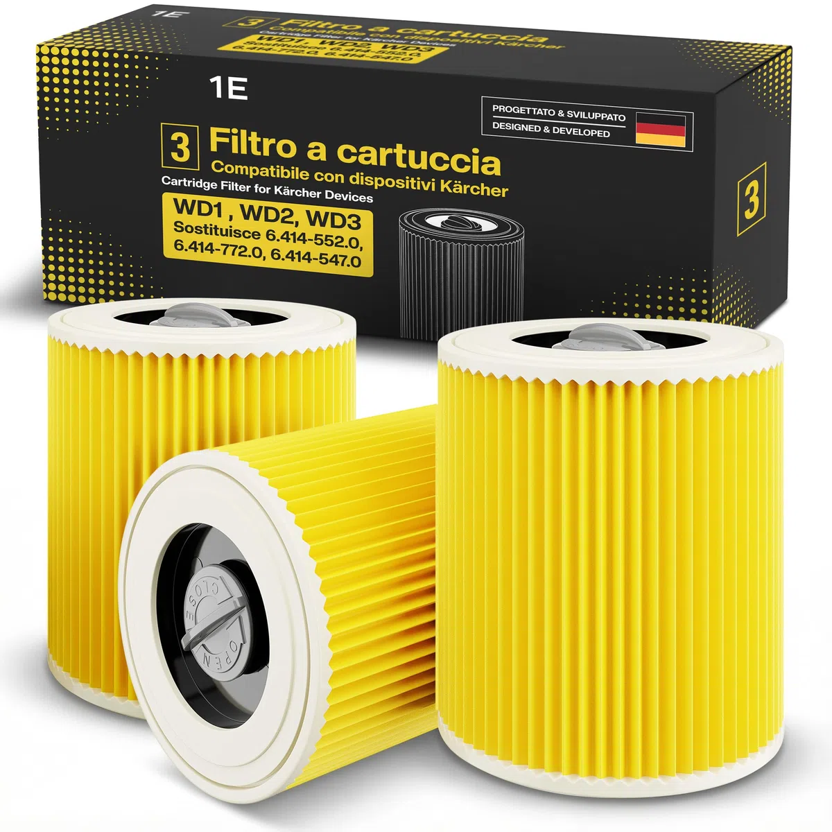 3 filtri per aspirapolvere Kärcher [WD3, WD2, WD1, MV3, MV2, A, K, KNT, NT, SE, VC] – Sostituisce 6.414-552.0 – 3 filtri rotondi + 3 viti di bloccaggio per polveri sottili e odori