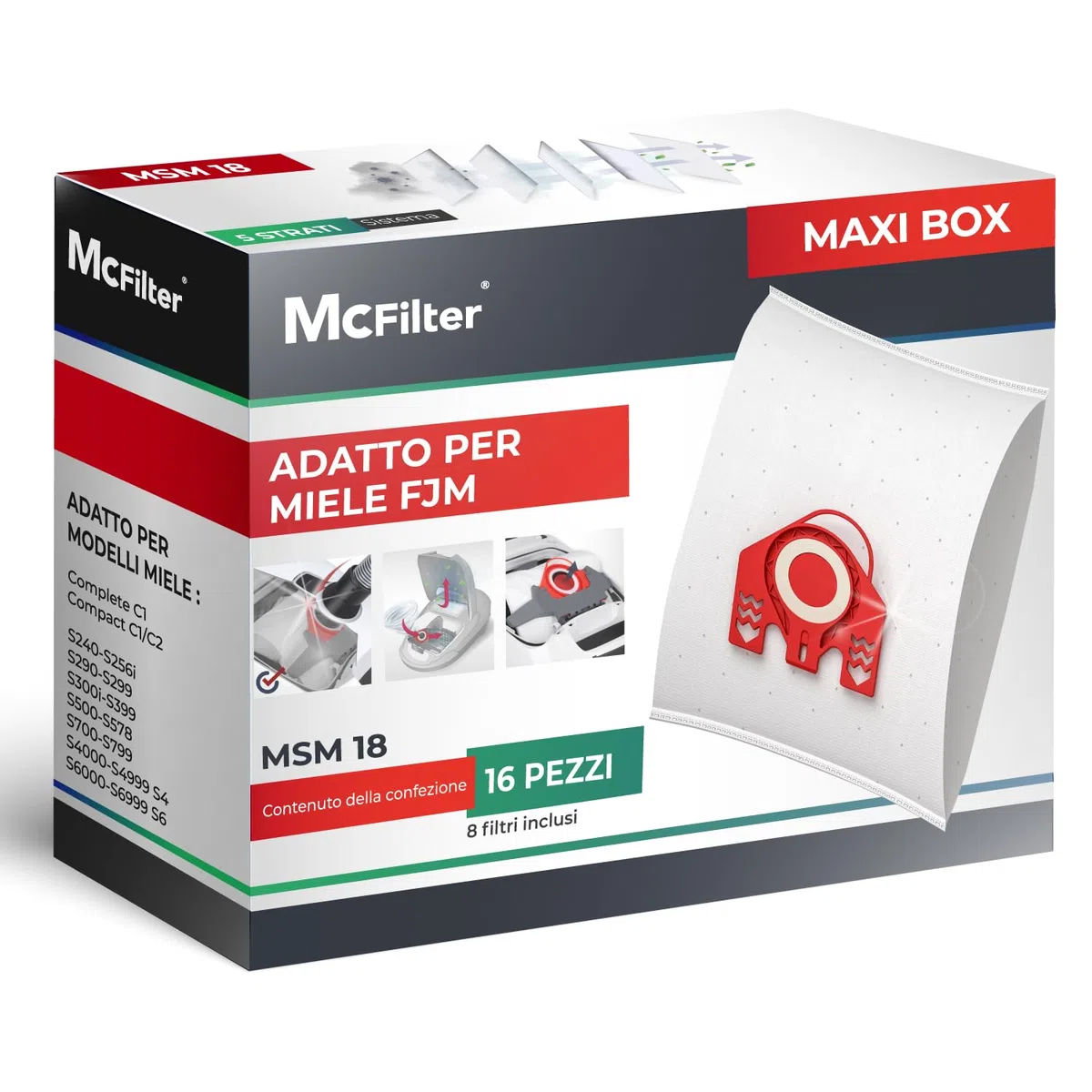 McFilter I 16 sacchetti per la polvere adatti per aspirapolvere Miele serie FJM S2 S3 S4 S5 S6 S7, Complete C1, Compact C1/C2 I incl. 8 filtri con sigillo automatico per la polvere I MAXI BOX