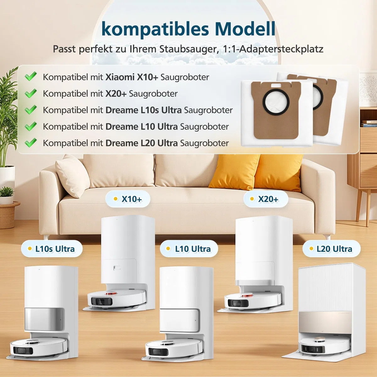 10 pezzi di sacchetti per aspirapolvere per Xiaomi X10+ / X20+, X20 Pro/Max, per Dreame L20/L10s/L10/L10s Pro/L50 Pro Ultra, L20 Ultra/X40/X50 Ultra Complete Aspirapolvere, S10, S10 Pro, S20, S20 Pro