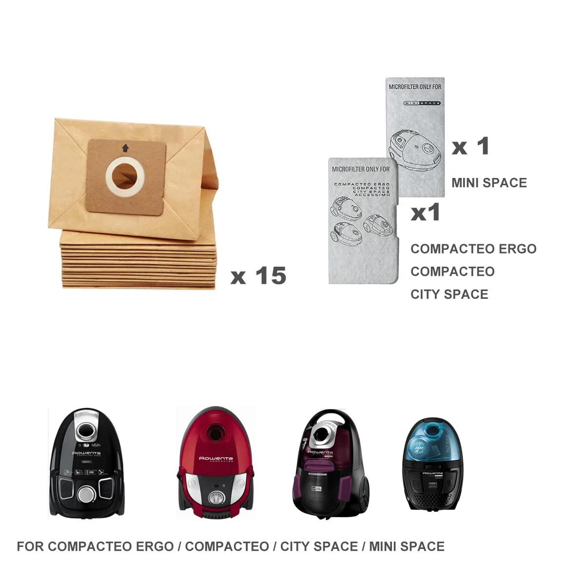 15 Sacchetti per aspirapolvere Rowenta ZR003901 Compacteo Ergo ro5253ea ro5285ea, City Space ro2611ea ro2645, Compacteo, Mini Space Pezzi di ricambio