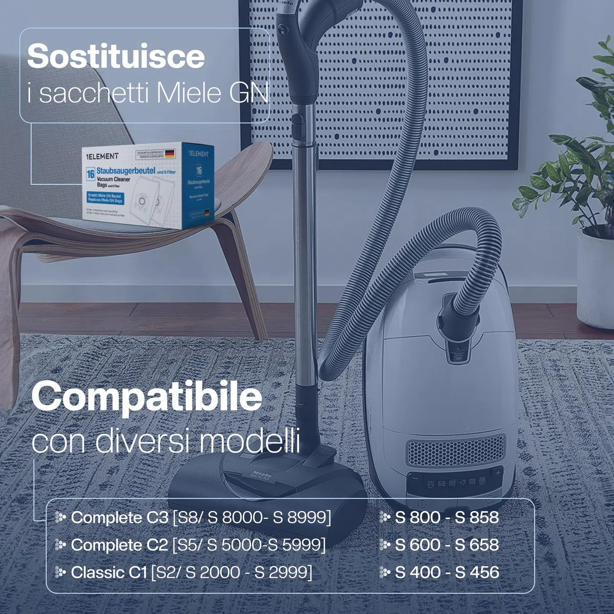 16 sacchetti per aspirapolvere Miele [Complete C3 & C2, Classic C1] sostituisce GN con 4 filtri motore e 4 aria di scarico [S8000, S5000, S2000, S800 & S600]