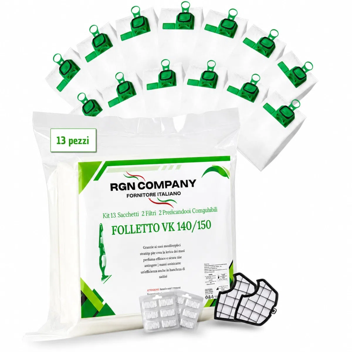 Kit risparmio 13 Sacchetti Compatibili Folletto VK140 VK150 con 2 Filtri motore e 2 Profumatori – Alta Filtrazione e Pulizia Efficace