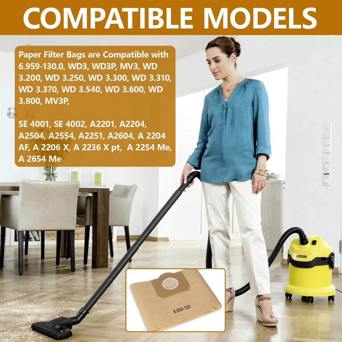 20 Sacchetti Aspirapolvere WD3, Compatibile con Kärcher WD3 1629, MV3, A2201, A2204, A2554, A2604, per 6.959-130.0, Sacchetti Bidone Aspiratutto Universali, Sacchetto di Carta